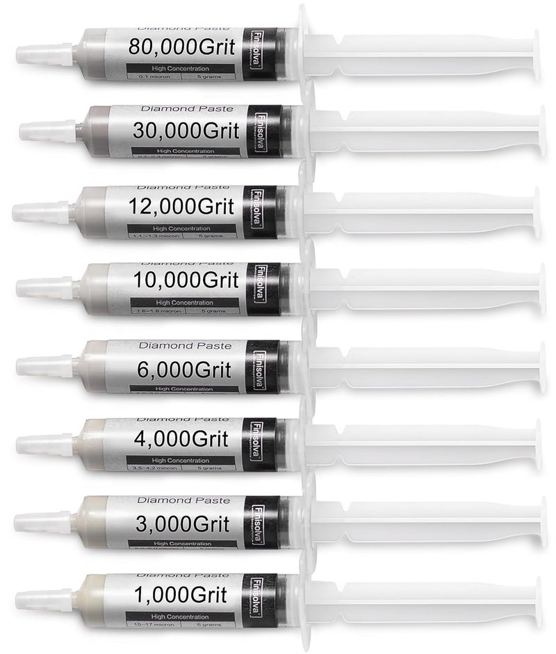 Finisolva 8 Pack Diamond Polishing Compound Genuine 50% Concentration Diamond Paste Kit 80,000 to 1,000 Grit Lapping Stropping Compound for Glass Watch Metal Knife Ring Jewelry Rock Resin Scratch Remover Repair - Image 1